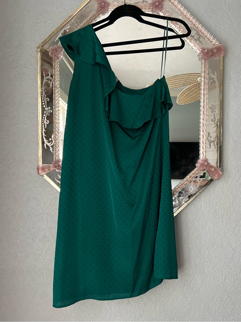 Loft, Emerald Silk One-Shoulder Ruffle Shift Dress, Size Large